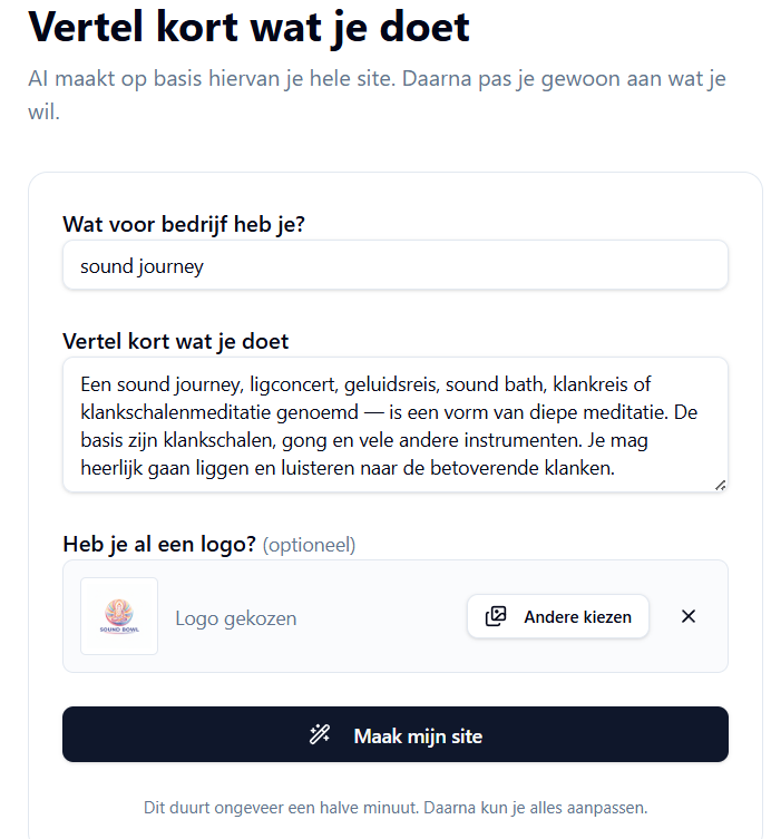 Voorbeeld van een site aanmaken met AI